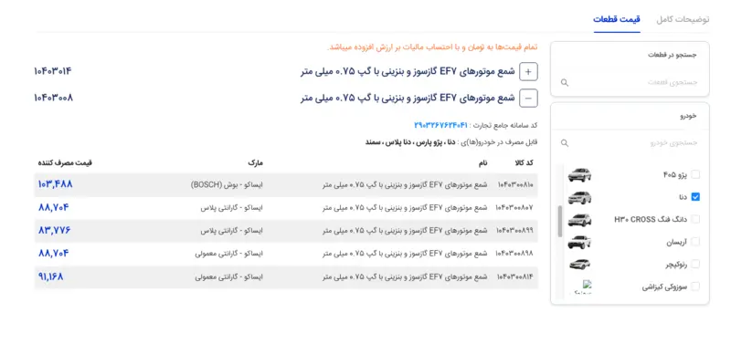 اندازه فیلر پیشفرض شمعهای ایساکو دنا پلاس